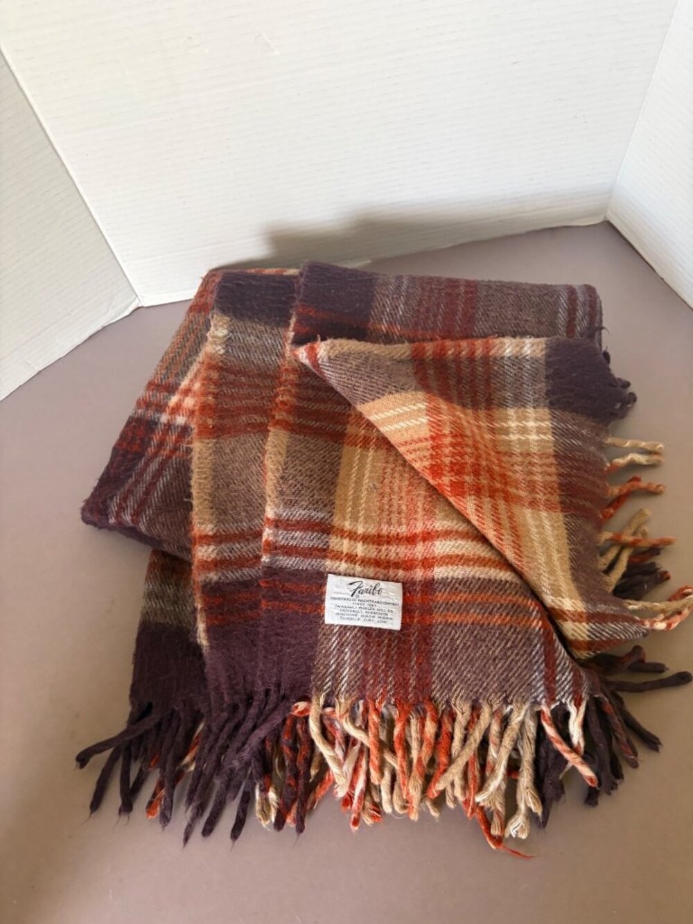 Faribault Woolen Mill Plaid Wool Blanket With Fringe - Red & Purple Cozy Throw M
